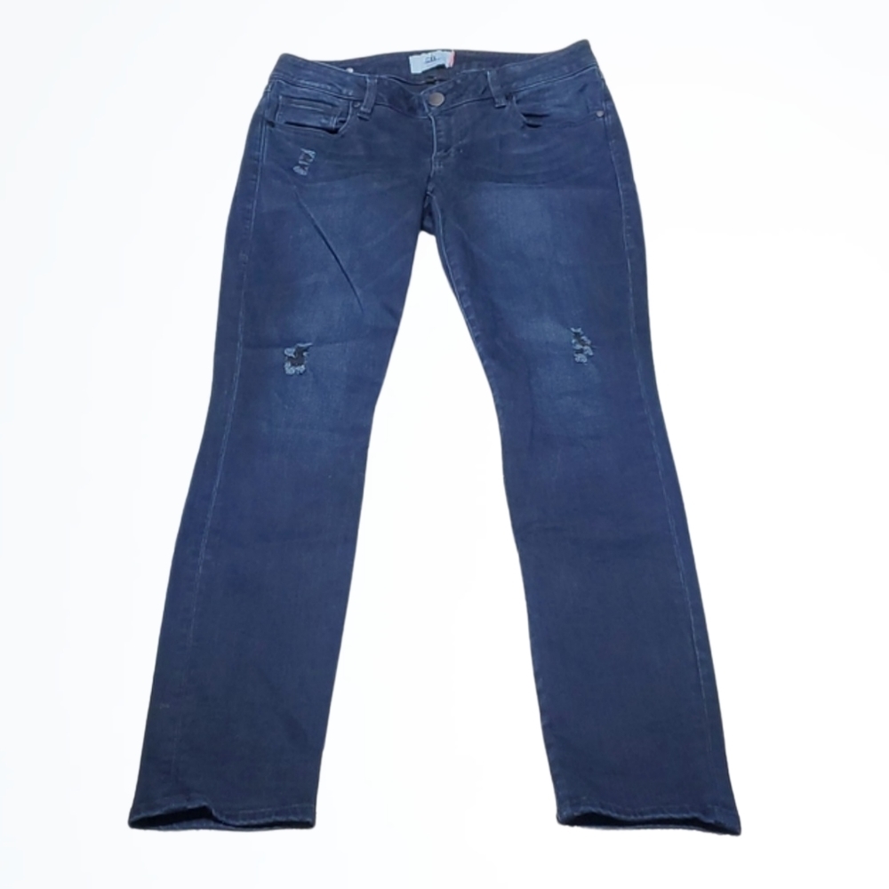 CAbi Dark Wash Mid Rise Distressed Skinny Jeans Style 3193 Size 6 Waist 29 Inch